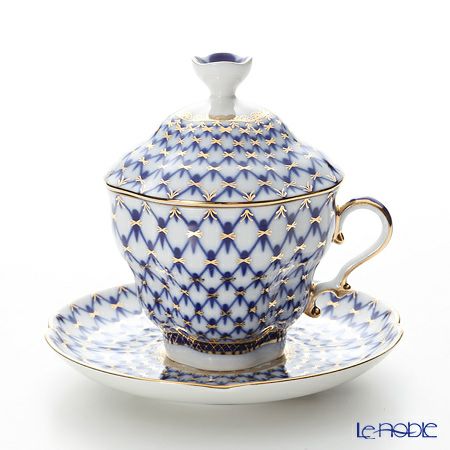 ロシア食器 インペリアル・ポーセリン コバルトネット ティーカップ＆ソーサー 250ml（ふた付） ペア