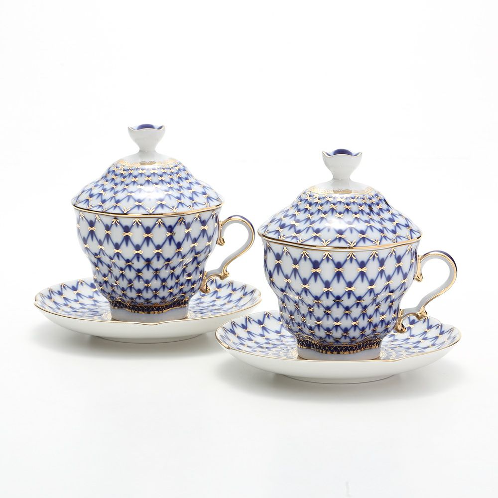 ロシア食器 インペリアル・ポーセリン コバルトネット ティーカップ＆ソーサー 250ml（ふた付） ペア