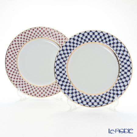 ロシア食器 インペリアル・ポーセリン コバルトネット＆ブルース（ピンクネット） プレート 27cm ペア