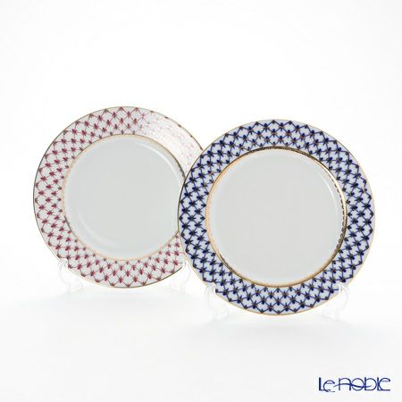 ロシア食器 インペリアル・ポーセリン コバルトネット＆ブルース（ピンクネット） プレート 21.5cm ペア