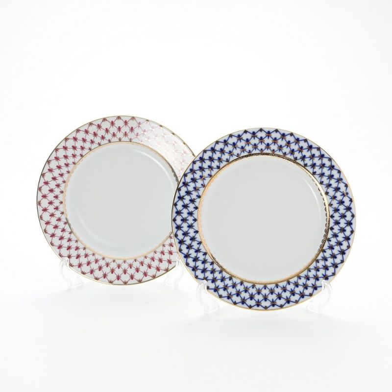ロシア食器 インペリアル・ポーセリン コバルトネット＆ブルース（ピンクネット） プレート 21.5cm ペア