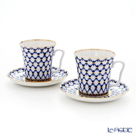 ロシア食器 インペリアル・ポーセリン コバルトネット マグ＆ソーサーセット 360ml ペア