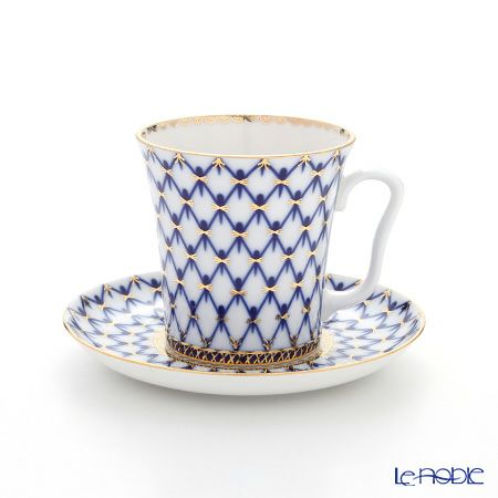 ロシア食器 インペリアル・ポーセリン コバルトネット マグ＆ソーサーセット 360ml ペア