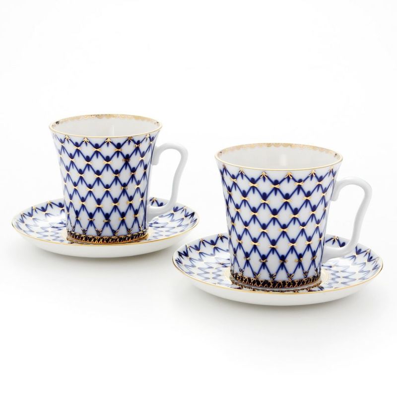 ロシア食器 インペリアル・ポーセリン コバルトネット マグ＆ソーサーセット 360ml ペア