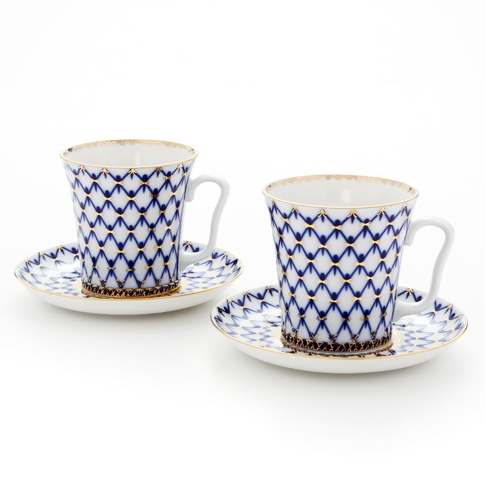 ロシア食器 インペリアル・ポーセリン コバルトネット マグ＆ソーサーセット 360ml ペア