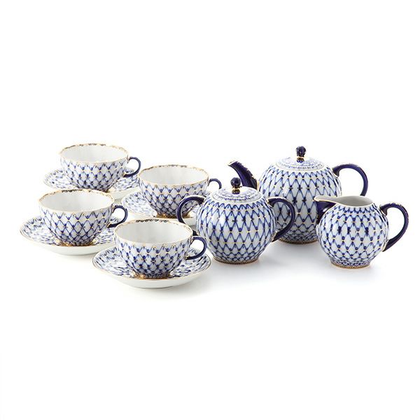 ロシア食器 インペリアル・ポーセリン コバルトネット ティー7点セット