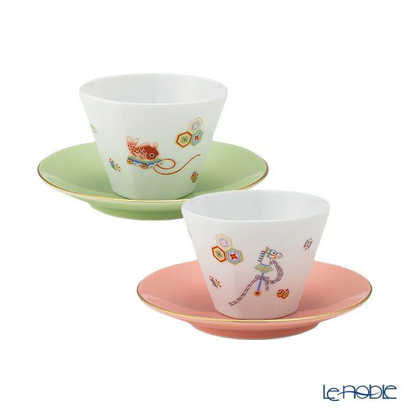 香蘭社 節句文 春駒＆鯛車 カップ130ml＆ソーサー13cm ピンク＆グリーン ペア