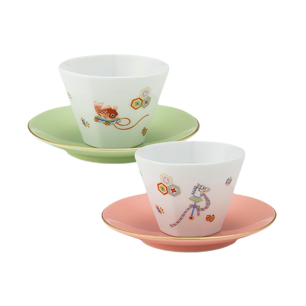 香蘭社 節句文 春駒＆鯛車 カップ130ml＆ソーサー13cm ピンク＆グリーン ペア