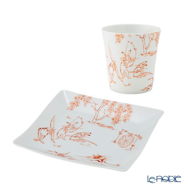 香蘭社 鳥獣戯画 弓矢 フリーカップ 250ml ＆ 角皿 赤 セット