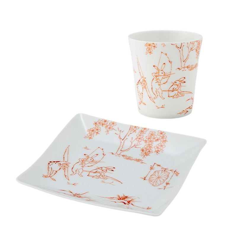 香蘭社 鳥獣戯画 弓矢 フリーカップ 250ml ＆ 角皿 赤 セット