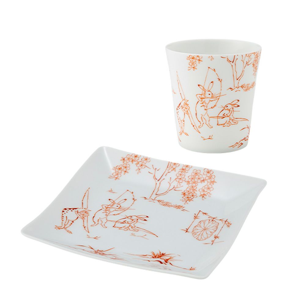 香蘭社 鳥獣戯画 弓矢 フリーカップ 250ml ＆ 角皿 赤 セット
