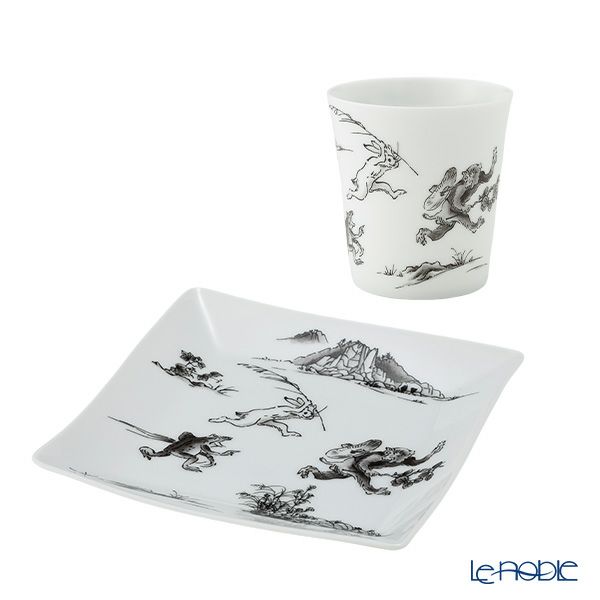 香蘭社 鳥獣戯画 猿追い フリーカップ 250ml ＆ 角皿 黒 セット