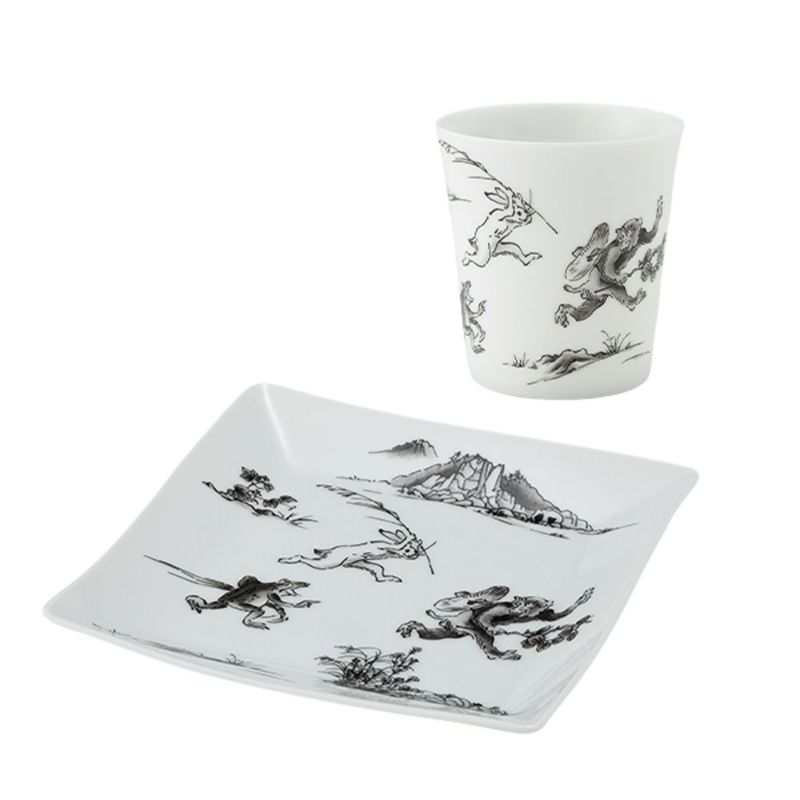 香蘭社 鳥獣戯画 猿追い フリーカップ 250ml ＆ 角皿 黒 セット