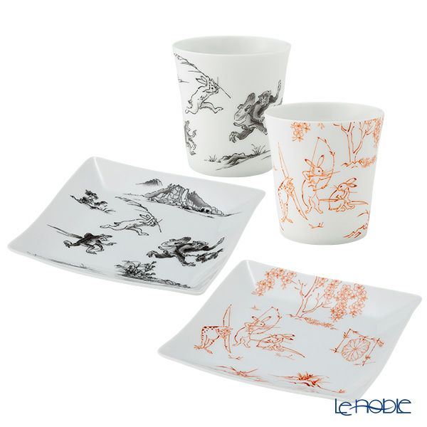 香蘭社 鳥獣戯画 弓矢（赤）＆猿追い（黒） フリーカップ 250ml ＆ 角皿 ペア