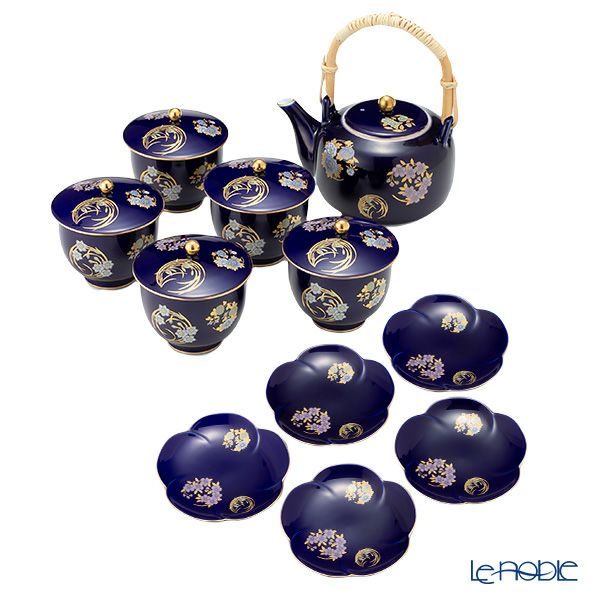 香蘭社 ルリ花丸紋 高級茶器セット 土瓶1点＋蓋付湯呑5客＋銘々皿5枚 5人用