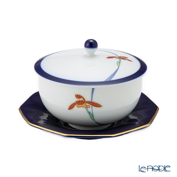 香蘭社 オーキッドレース 蓋付湯呑み 170ml【ルリ 十角形茶托付】