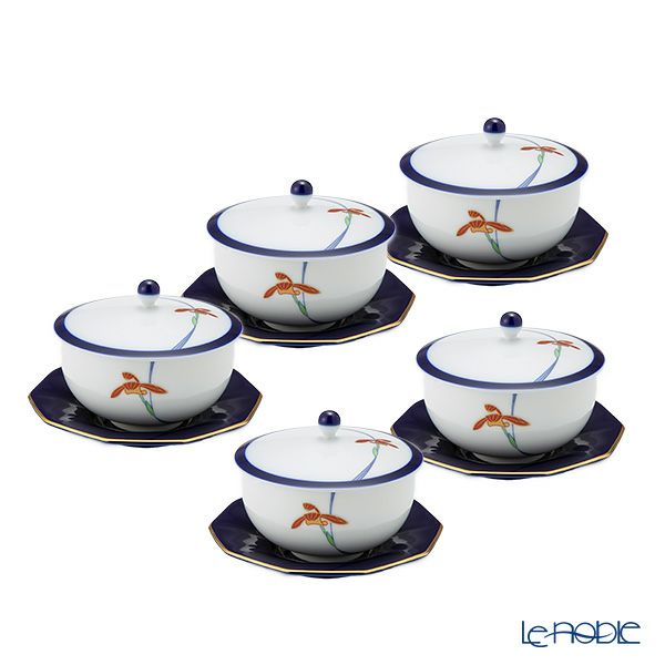 香蘭社 オーキッドレース 蓋付湯呑み 170ml 5客セット【ルリ 十角形茶托付】