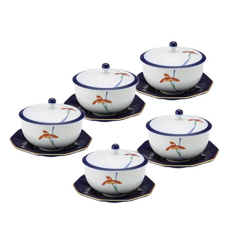 香蘭社 オーキッドレース 蓋付湯呑み 170ml 5客セット【ルリ 十角形茶托付】