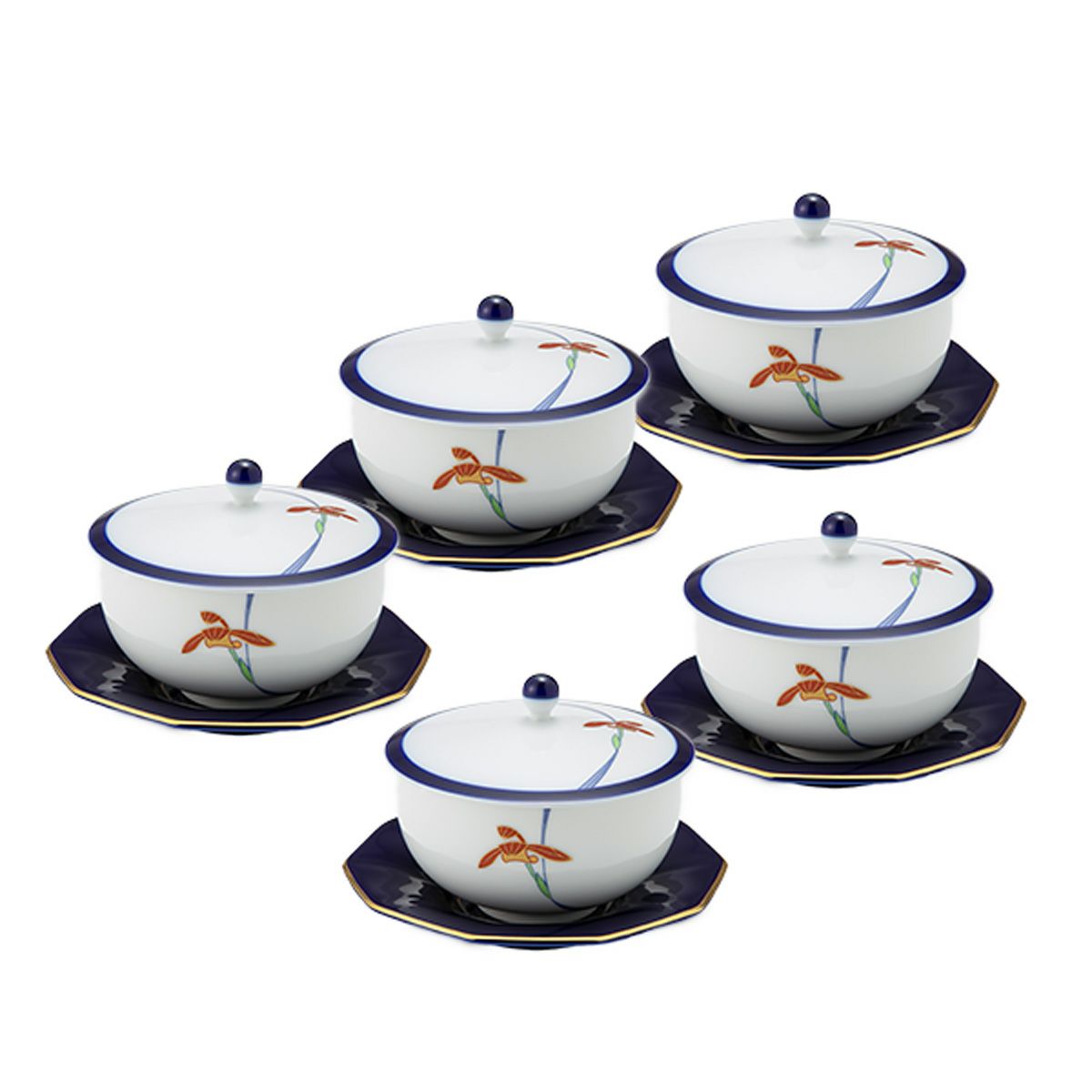 香蘭社 オーキッドレース 蓋付湯呑み 170ml 5客セット【ルリ 十角形茶托付】