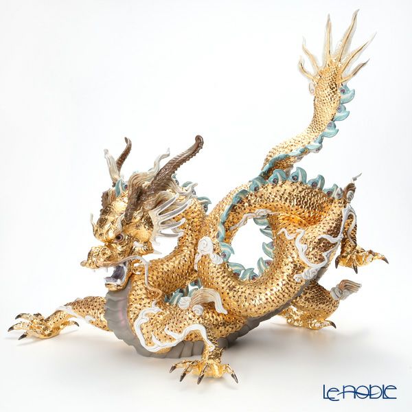 リヤドロ 臥龍 ペア（Blue＆Gold） HIGH PORCELAIN 台座付