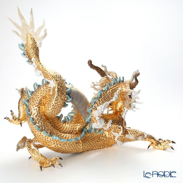 リヤドロ 臥龍 ペア（Blue＆Gold） HIGH PORCELAIN 台座付