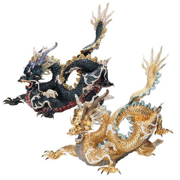 リヤドロ 臥龍 ペア（Blue＆Gold） HIGH PORCELAIN 台座付