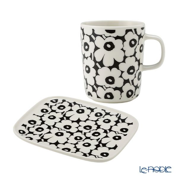 マリメッコ（marimekko） Unikko ウニッコ／けしの花 60thアニバーサリーコレクション 2ピースセット マグカップ＆プレート15.5×12.5cm ブラック×ホワイト
