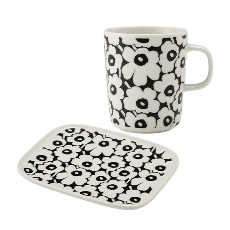 マリメッコ（marimekko） Unikko ウニッコ／けしの花 60thアニバーサリーコレクション 2ピースセット マグカップ＆プレート15.5×12.5cm ブラック×ホワイト
