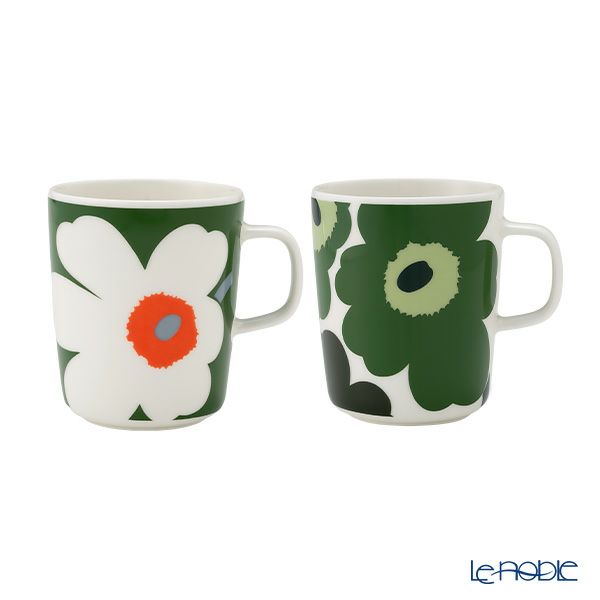マリメッコ（marimekko） Unikko ウニッコ／けしの花 60thアニバーサリーコレクション マグカップ 250ml ペア グリーン×ホワイト 柄違い