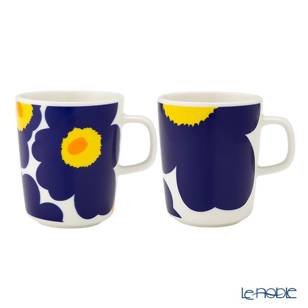 マリメッコ（marimekko） Unikko ウニッコ／けしの花 60thアニバーサリーコレクション マグカップ ホワイト×ダークブルー×イエロー 250ml 柄違い ペア