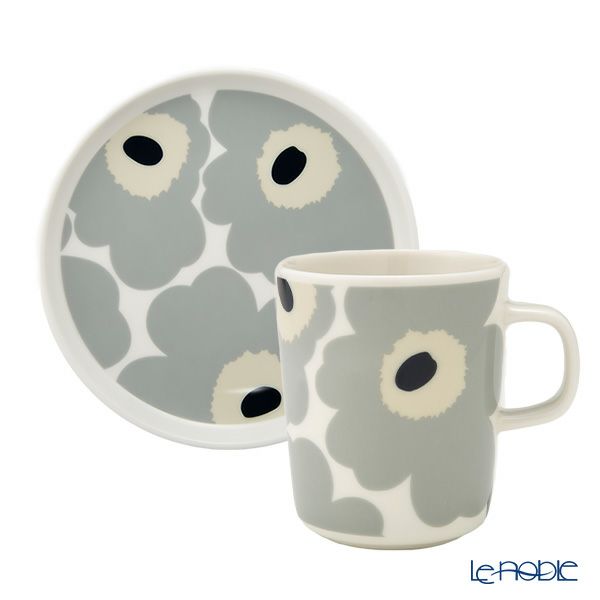 マリメッコ（marimekko） Unikko ウニッコ／けしの花 2点セット マグカップ250ml ＆ プレート13.5cm ライトグレー×サンド
