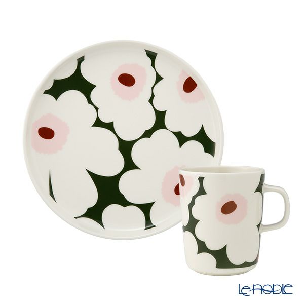 マリメッコ（marimekko） Unikko ウニッコ／けしの花 2点セット プレート 20cm ＆ マグカップ 250ml ホワイト×ダークグリーン