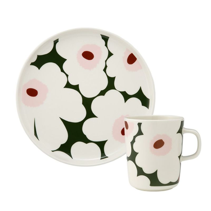 マリメッコ（marimekko） Unikko ウニッコ／けしの花 2点セット プレート 20cm ＆ マグカップ 250ml ホワイト×ダークグリーン
