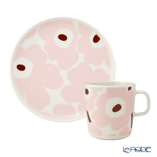 マリメッコ（marimekko） Unikko ウニッコ／けしの花 2点セット プレート 20cm ＆ マグカップ 400ml ホワイト×ピンク