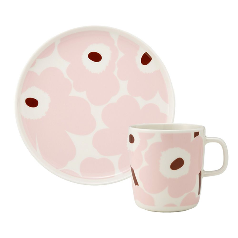 マリメッコ（marimekko） Unikko ウニッコ／けしの花 2点セット プレート 20cm ＆ マグカップ 400ml ホワイト×ピンク