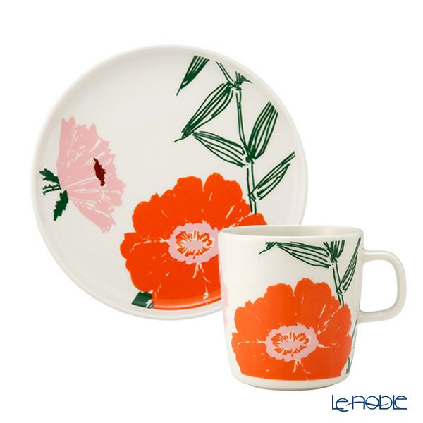 マリメッコ（marimekko） Puutarhakutsut プゥータルハクツットゥ／ガーデンパーティー 2点セット プレート 20cm ＆ マグカップ 400ml ホワイト×オレンジ