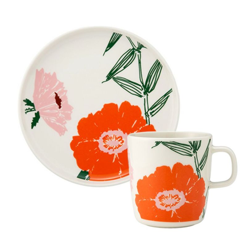 マリメッコ（marimekko） Puutarhakutsut プゥータルハクツットゥ／ガーデンパーティー 2点セット プレート 20cm ＆ マグカップ 400ml ホワイト×オレンジ