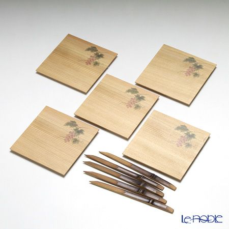 高野竹工 和菓子5客組セット ぶどう 杉小皿＆本煤竹楊枝節付