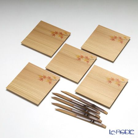 高野竹工 和菓子5客組セット もみじ 杉小皿＆本煤竹楊枝節付