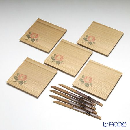 高野竹工 和菓子5客組セット 椿 杉小皿＆本煤竹楊枝節付