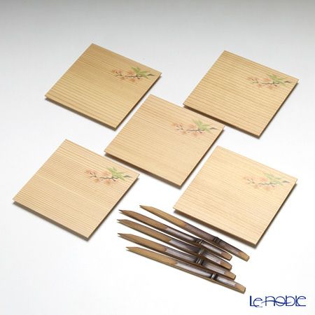 高野竹工 和菓子5客組セット さくら 杉小皿＆本煤竹楊枝節付