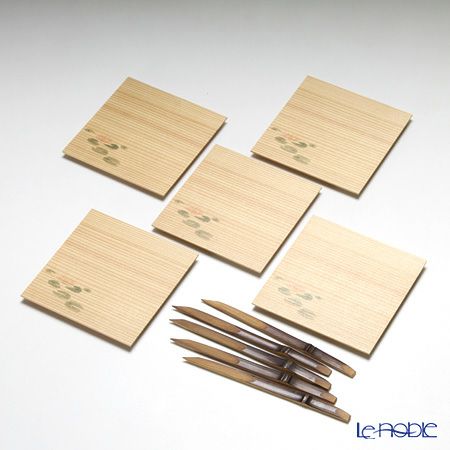 高野竹工 和菓子5客組セット はす 杉小皿＆本煤竹楊枝節付