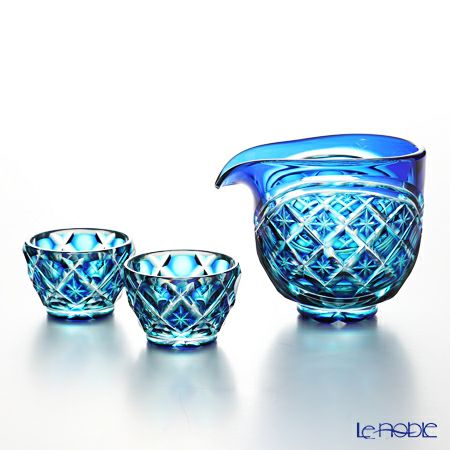 薩摩切子 片口酒器揃「水簾」 片口1＆猪口2 二重被せ 琉璃／緑