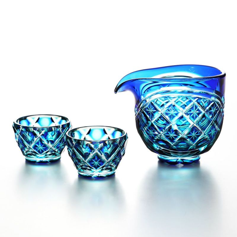 薩摩切子 片口酒器揃「水簾」 片口1＆猪口2 二重被せ 琉璃／緑