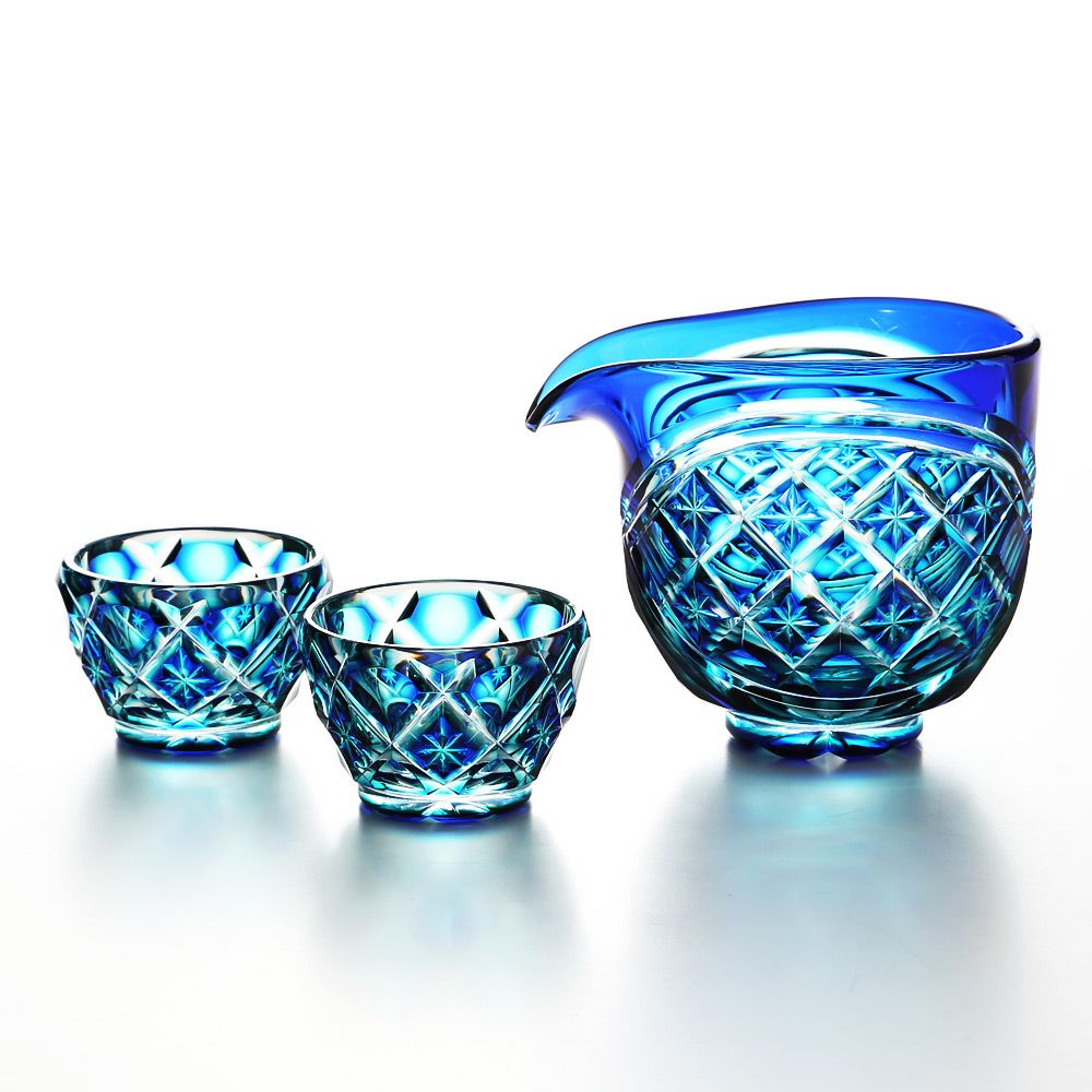 薩摩切子 片口酒器揃「水簾」 片口1＆猪口2 二重被せ 琉璃／緑