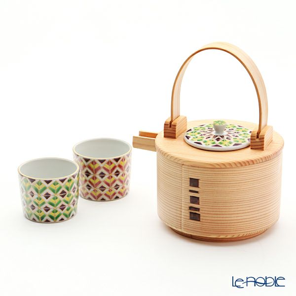 京焼・清水焼 酒器 K0993 彩万華鏡紋 曲げわっぱ600ml 緑 ＆ ぐい呑90ml （緑＋赤）3点セット