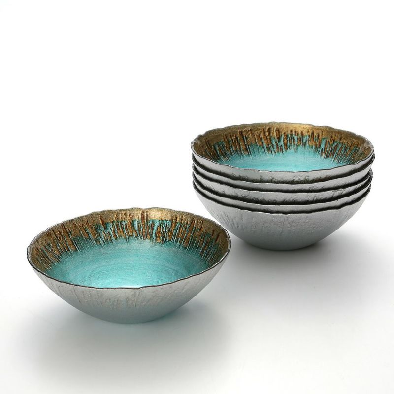 Vetro Felice ヴェトロ フェリーチェ フラッシュ ボウル 17cm ターコイズブルー＆ゴールド 6枚セット