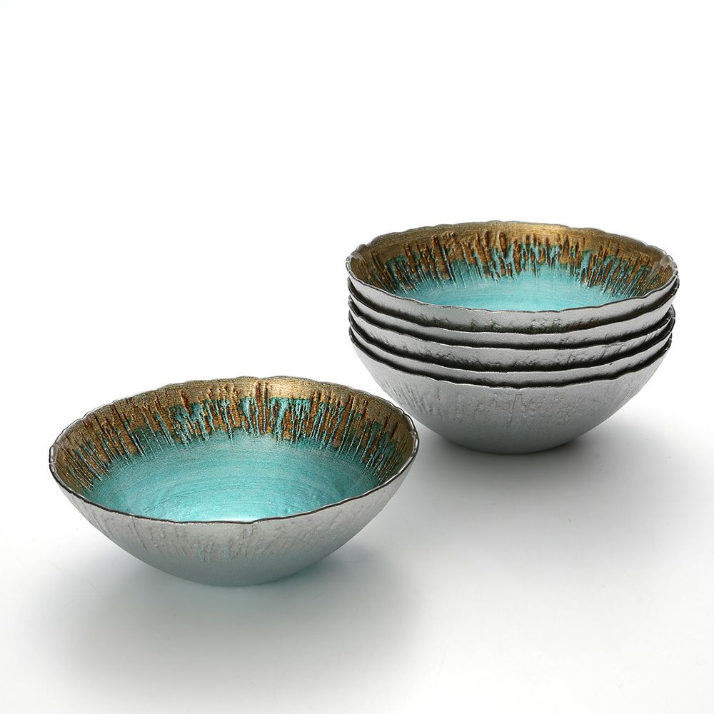 Vetro Felice ヴェトロ フェリーチェ フラッシュ ボウル 17cm ターコイズブルー＆ゴールド 6枚セット