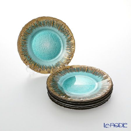 Vetro Felice ヴェトロ フェリーチェ フラッシュ プレート 21.5cm ターコイズブルー＆ゴールド 6枚セット