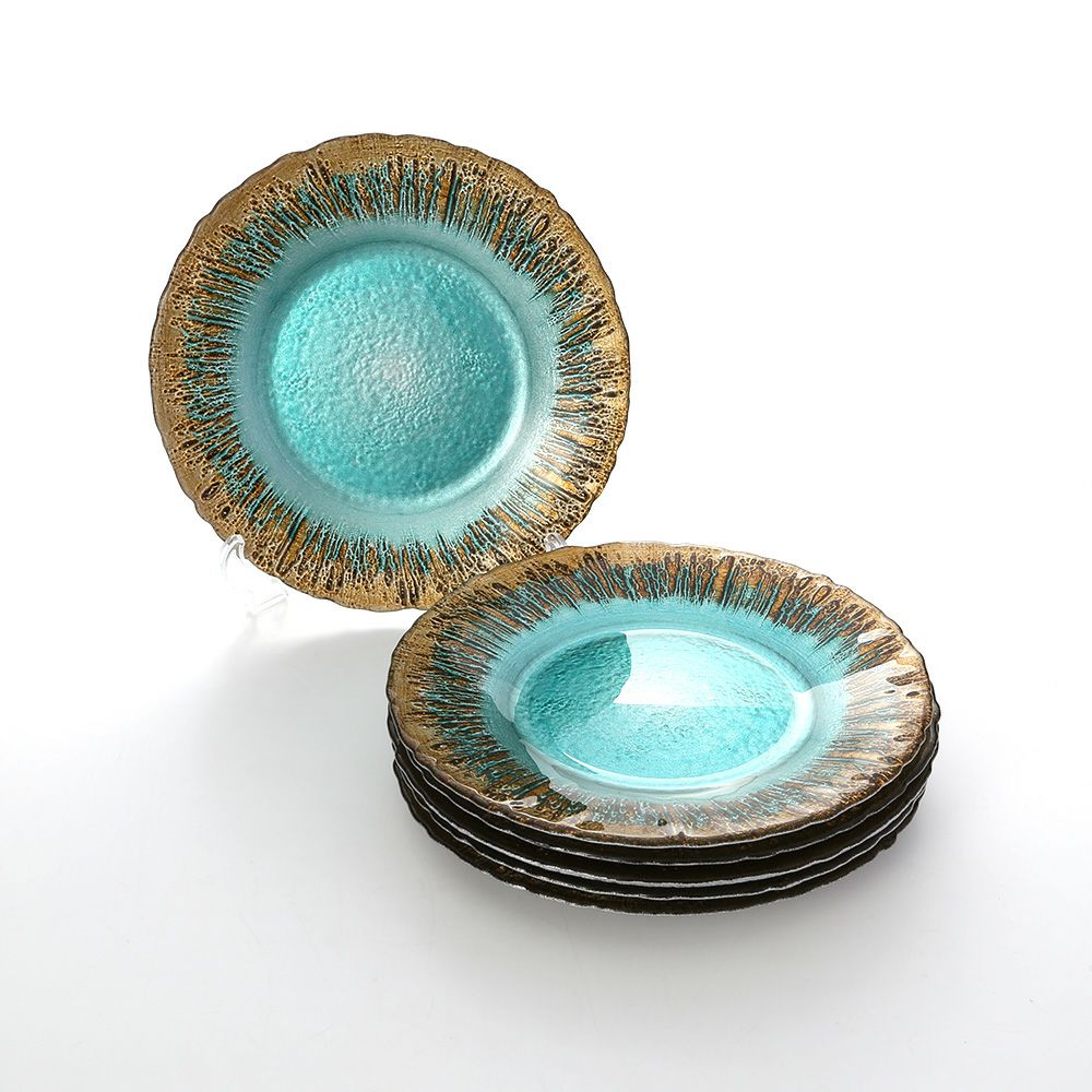 Vetro Felice ヴェトロ フェリーチェ フラッシュ プレート 21.5cm ターコイズブルー＆ゴールド 6枚セット